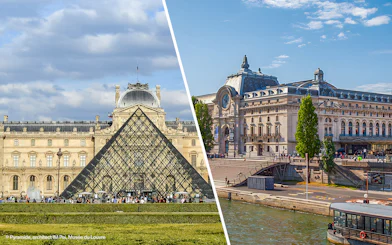 Louvre Pyramid and Orsay Museum exterior in Paris, France.