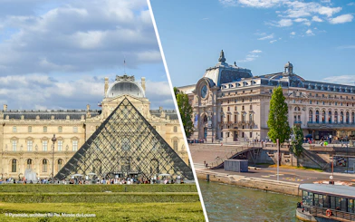 Louvre Pyramid and Orsay Museum exterior in Paris, France.
