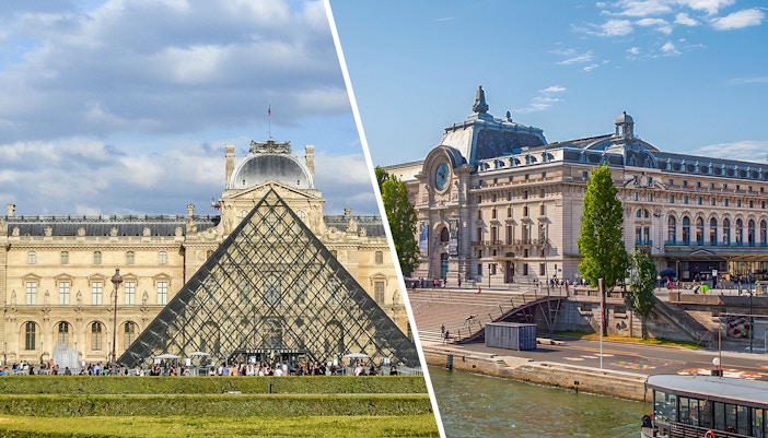 Tourists exploring art at the Louvre Museum, with a view of the iconic glass pyramid and Orsay Museum in Paris