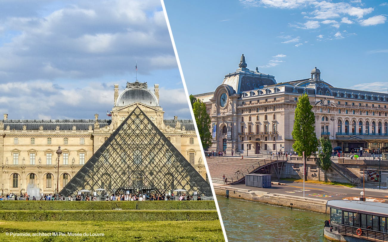 Louvre Pyramid and Orsay Museum exterior in Paris, France.