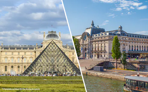 Louvre Pyramid and Orsay Museum exterior in Paris, France.