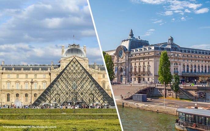 Louvre Pyramid and Orsay Museum exterior in Paris, France.
