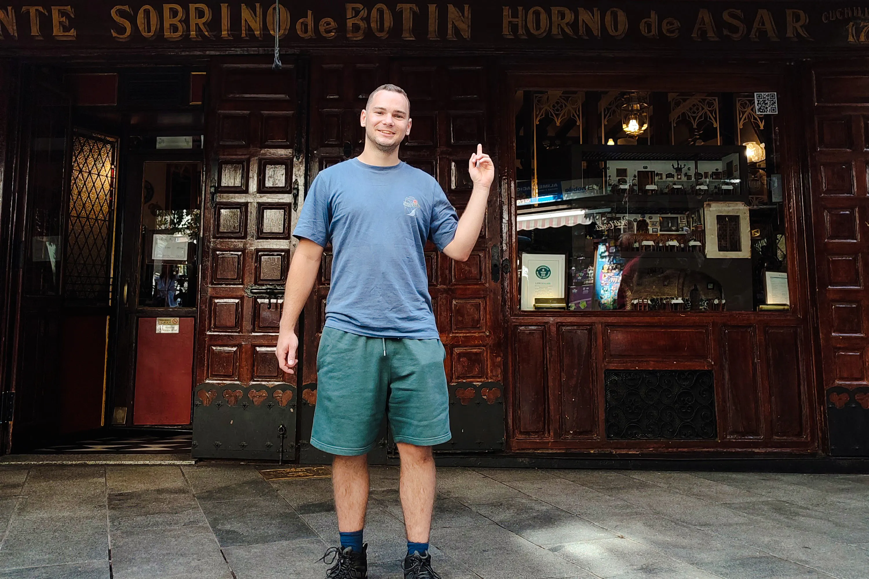 Person standing outside Sobrino de Botín restaurant in Madrid during a private tour.