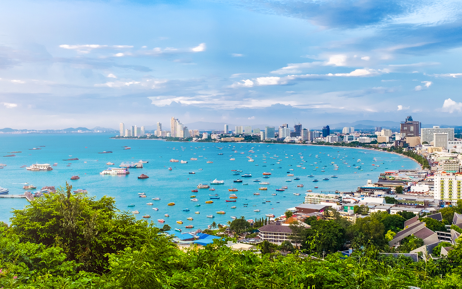 Panoramic view of Pattaya cityscape from Chonburi viewpoint, Thailand, showcasing coastal skyline.