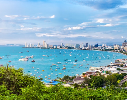Panoramic view of Pattaya cityscape from Chonburi viewpoint, Thailand, showcasing coastal skyline.
