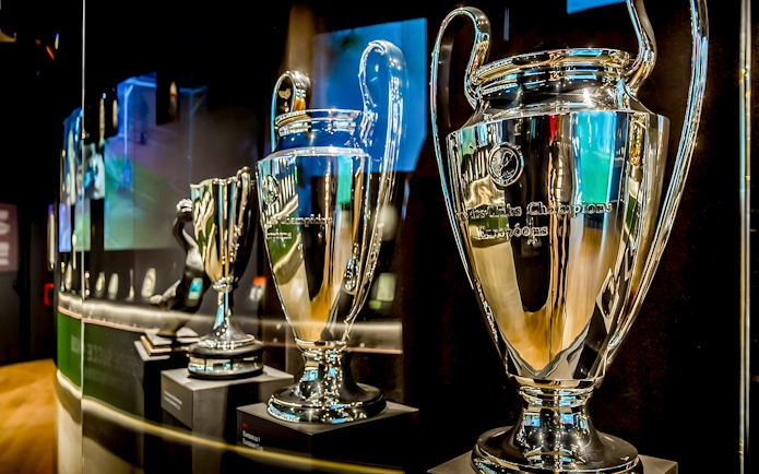 Trophies displayed at Johan Cruijff ArenA during the Classic Tour in Amsterdam.