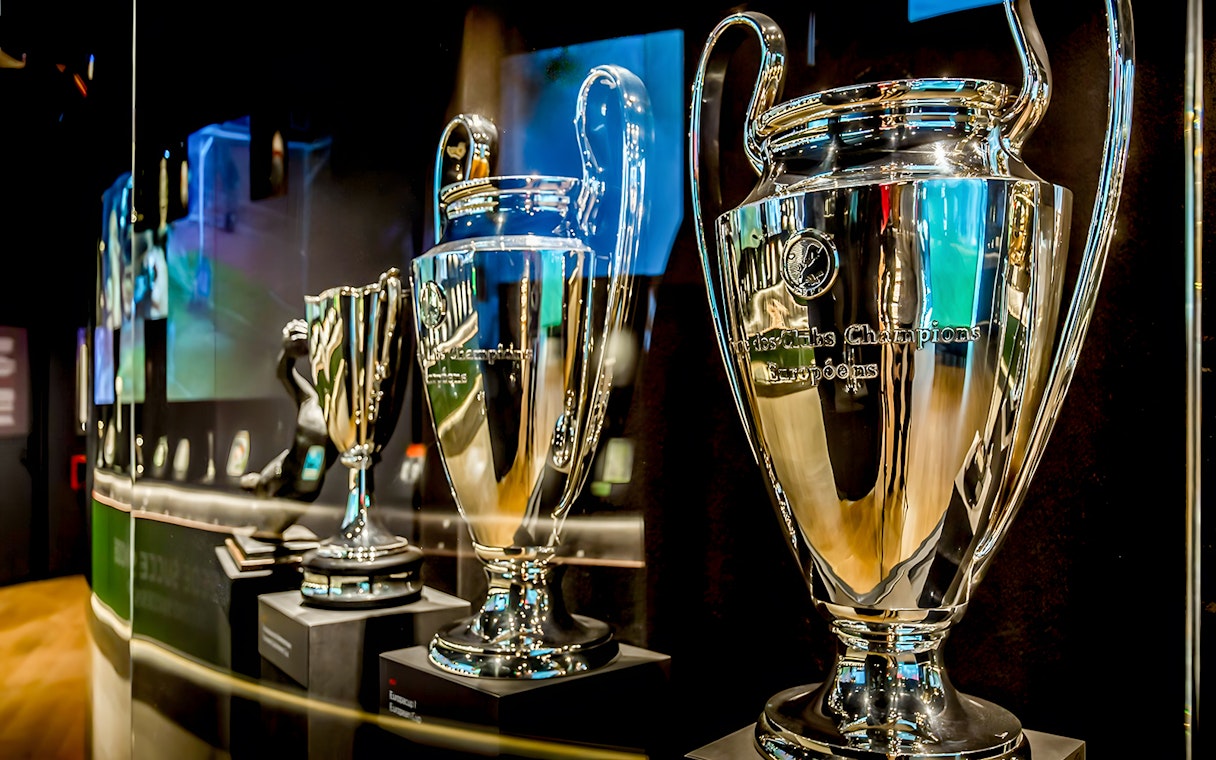 Trophies displayed at Johan Cruijff ArenA during the Classic Tour in Amsterdam.