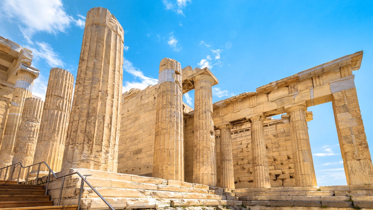 Propylaea entrance at Acropolis, Athens, showcasing ancient Greek architecture.