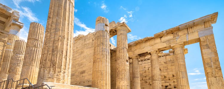 Propylaea entrance at Acropolis, Athens, showcasing ancient Greek architecture.