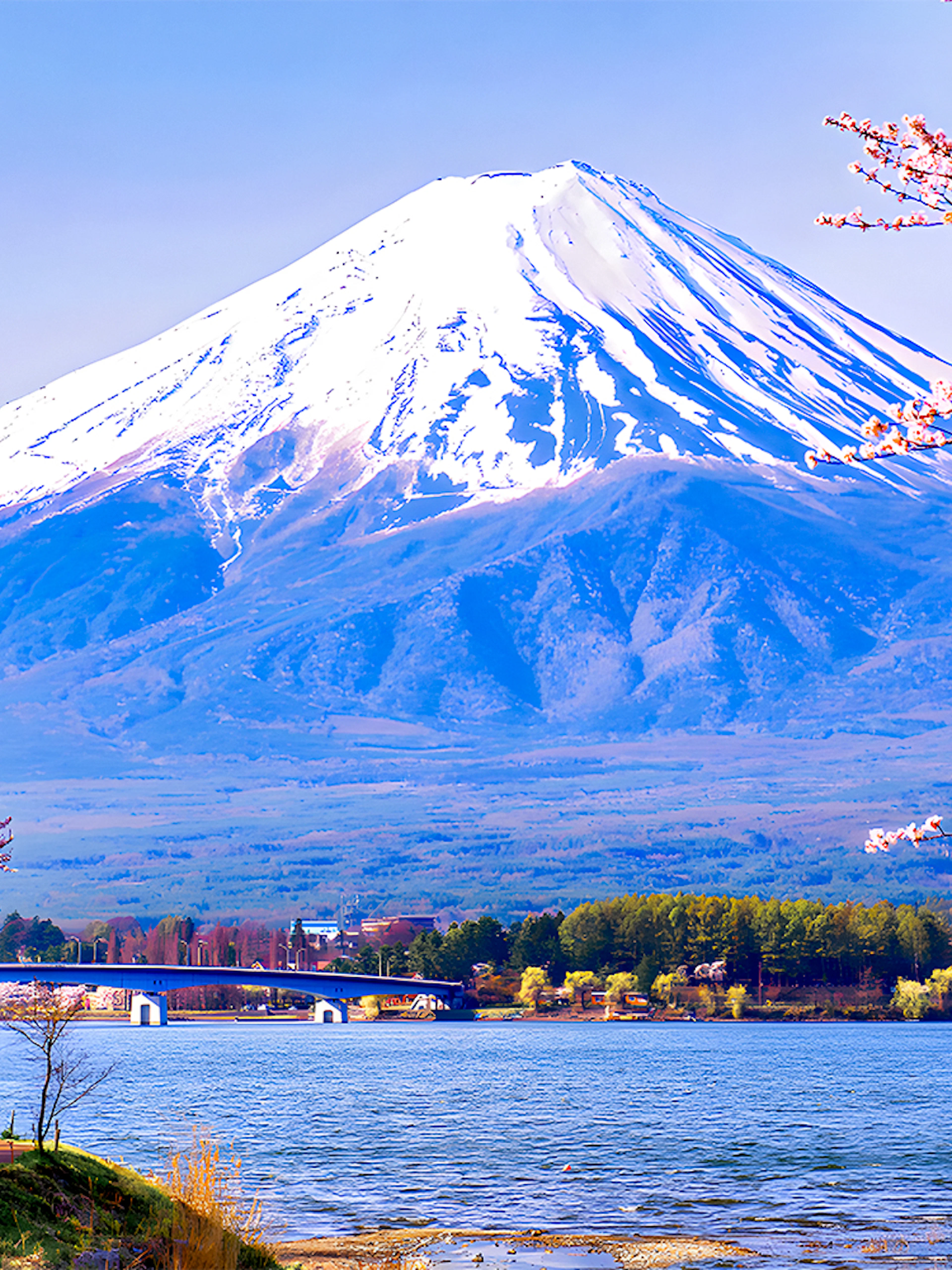 Cherry blossoms with Mount Fuji in the background during spring season.