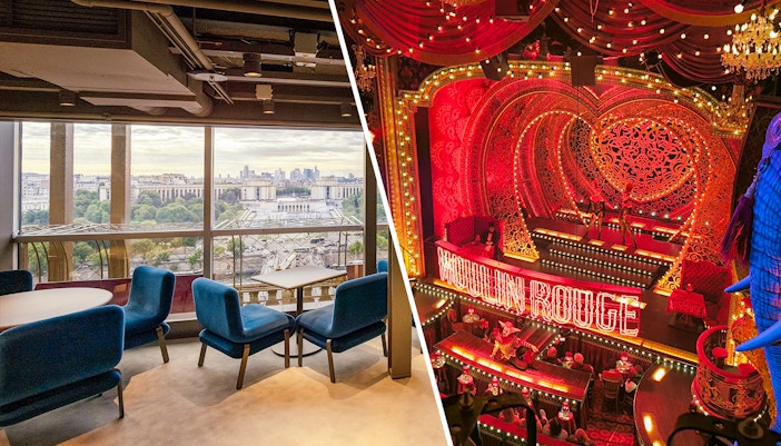 Lunch setting with Eiffel Tower view and vibrant Moulin Rouge stage.
