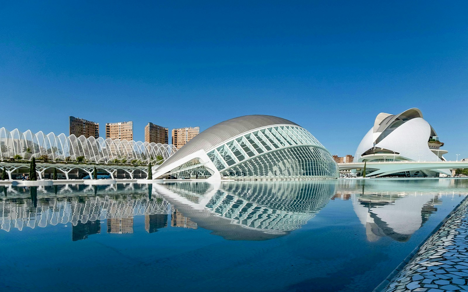 Hemisfèric and Palau de les Arts in City of Arts and Sciences, Valencia, reflected in water.