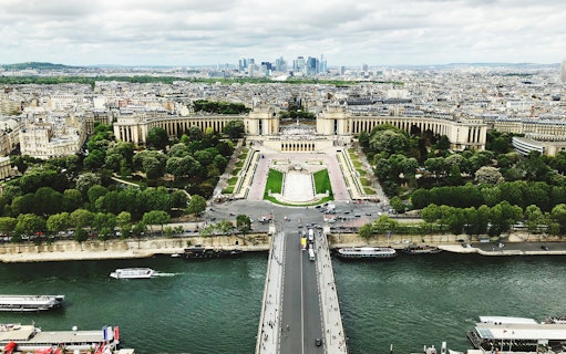 View of Trocadéro Gardens and Seine River from Eiffel Tower, Paris.