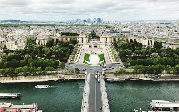 View of Trocadéro Gardens and Seine River from Eiffel Tower, Paris.