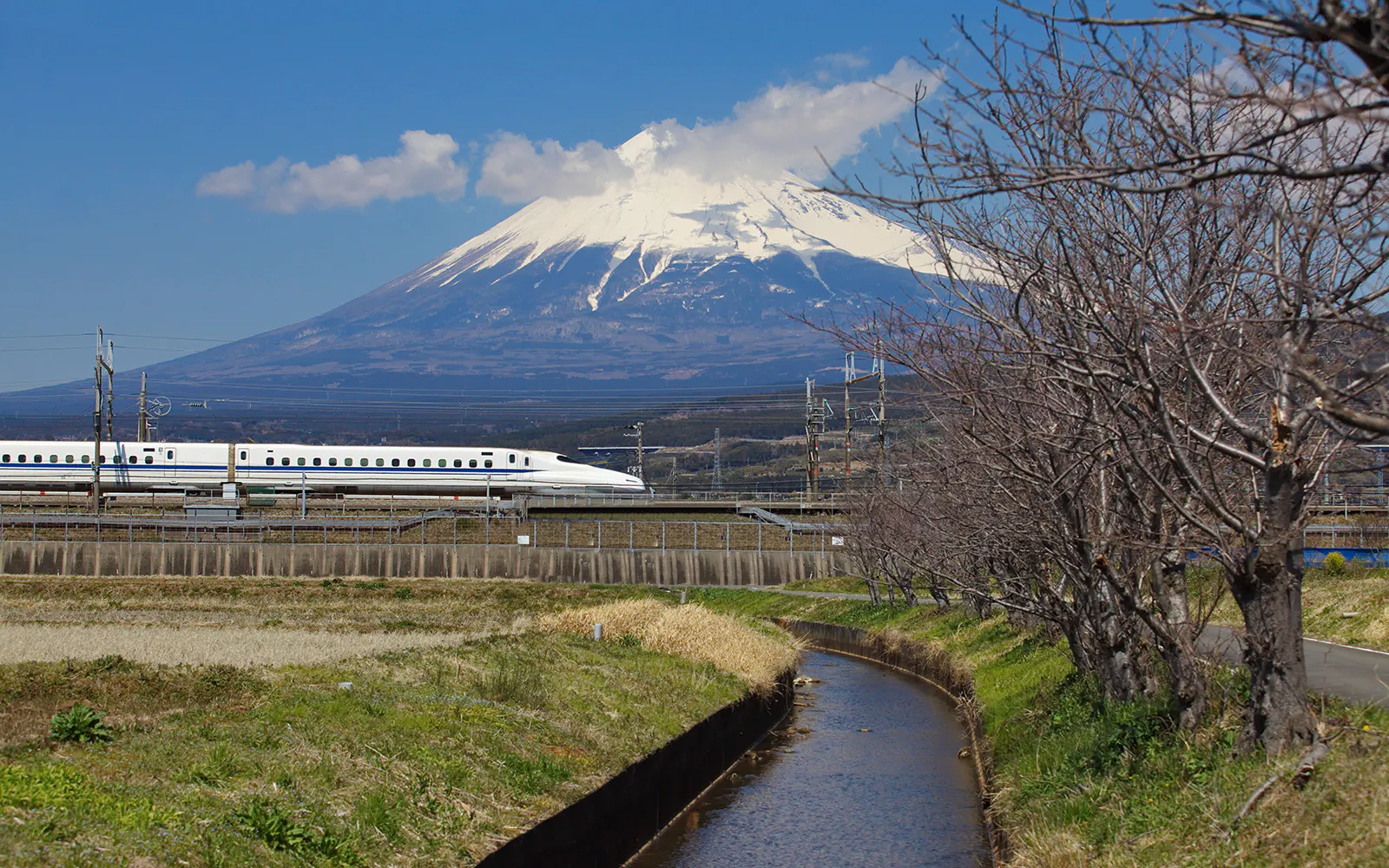 Bullet train Shinkansen passing with Mount Fuji in the background, Japan.
