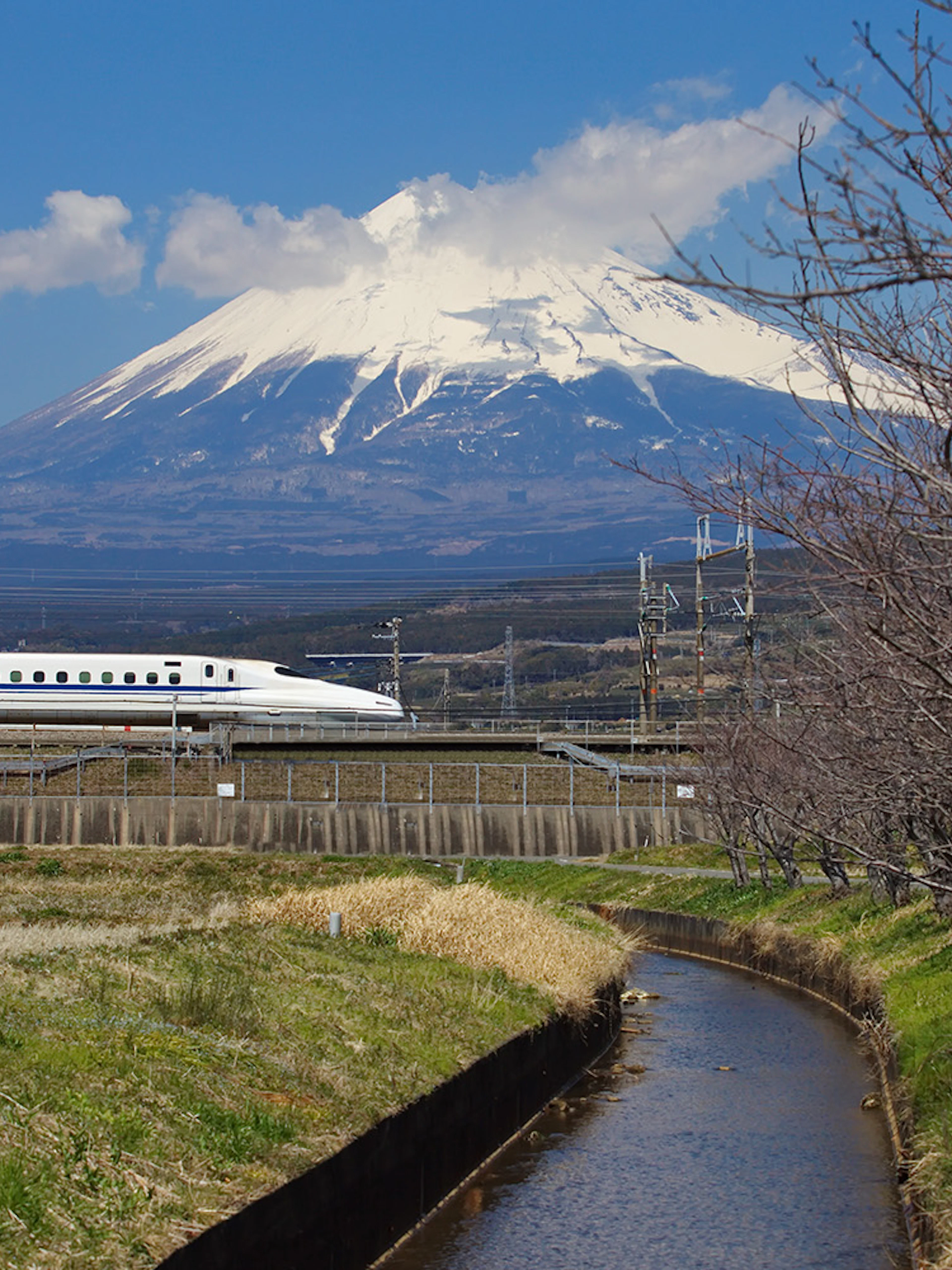 Bullet train Shinkansen passing with Mount Fuji in the background, Japan.