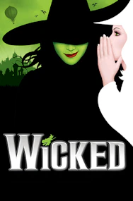 Wicked musical poster with green witch face and New York City skyline.