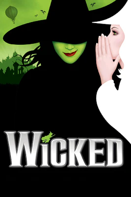 Wicked musical poster with green witch face and New York City skyline.