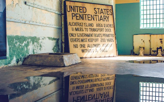 Alcatraz prison signage detailing access rules, San Francisco, California.