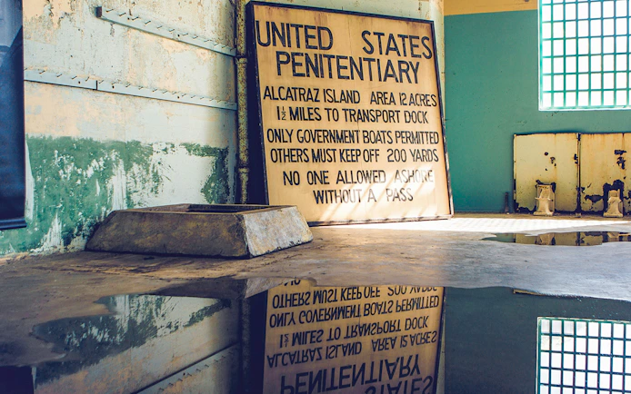 Alcatraz prison signage detailing access rules, San Francisco, California.
