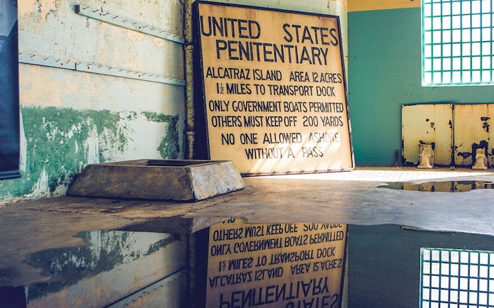 Alcatraz prison signage detailing access rules, San Francisco, California.