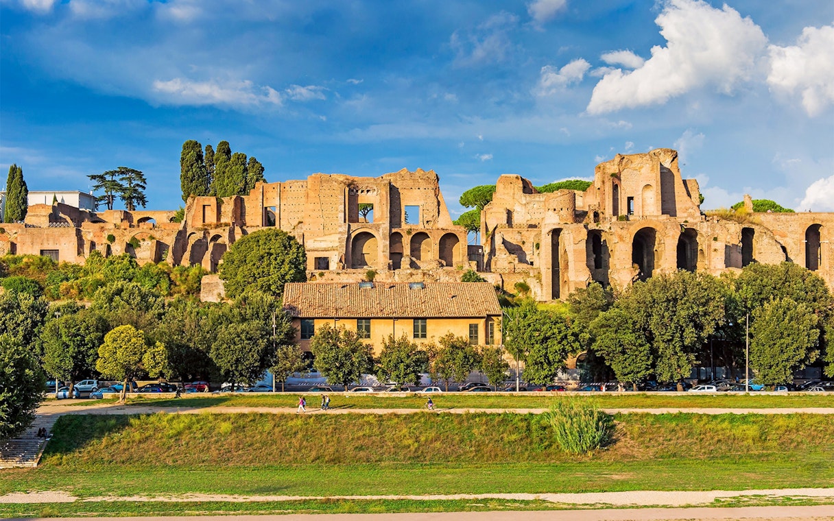 Ancient ruins on Palatine Hill in Rome with trees and a clear sky.