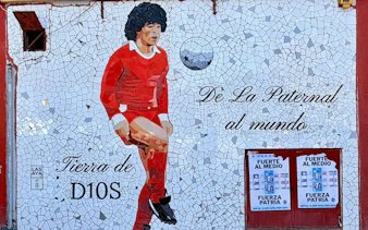Mosaic mural of a soccer player in La Paternal, Buenos Aires, on the Maradona Walking Tour.