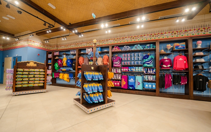 Merchandise display at Aquarabia Water Theme Park store in Qiddiya City, Saudi Arabia.
