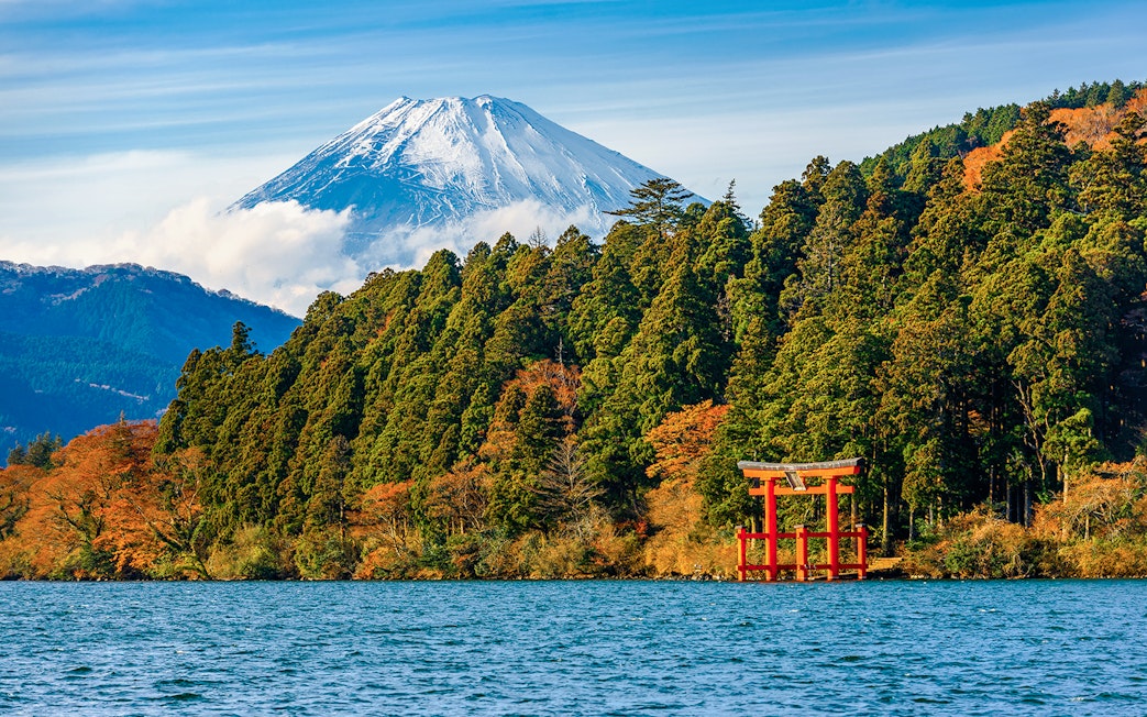 Red Torii gate with Mt. Fuji in the background on Hakone tour.