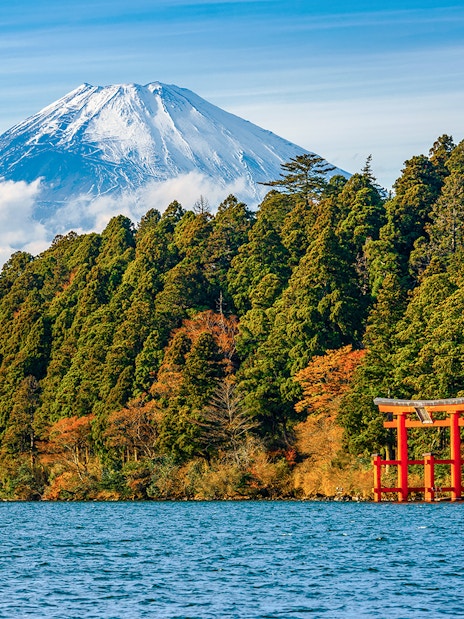 Red Torii gate with Mt. Fuji in the background on Hakone tour.