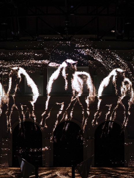 Horses in light projection at Abu Dhabi Royal Equestrian Arts show.