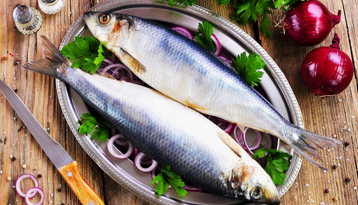 Raw herring served with onions in Amsterdam, Netherlands.