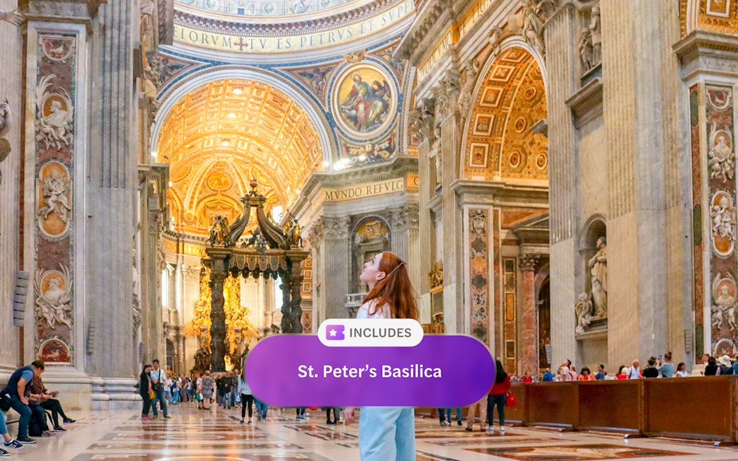 Tourists inside St. Peter's Basilica, Rome, admiring ornate architecture.