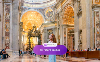 Tourists inside St. Peter's Basilica, Rome, admiring ornate architecture.