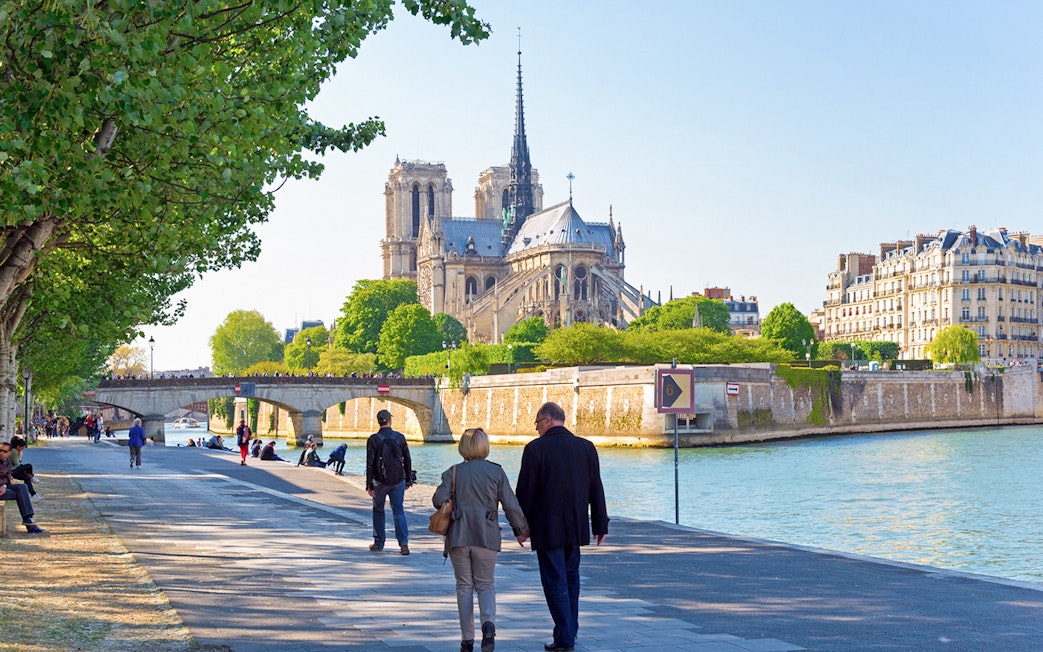 Notre Dame Cathedral view from Seine River on Notre Dame Island, Paris.