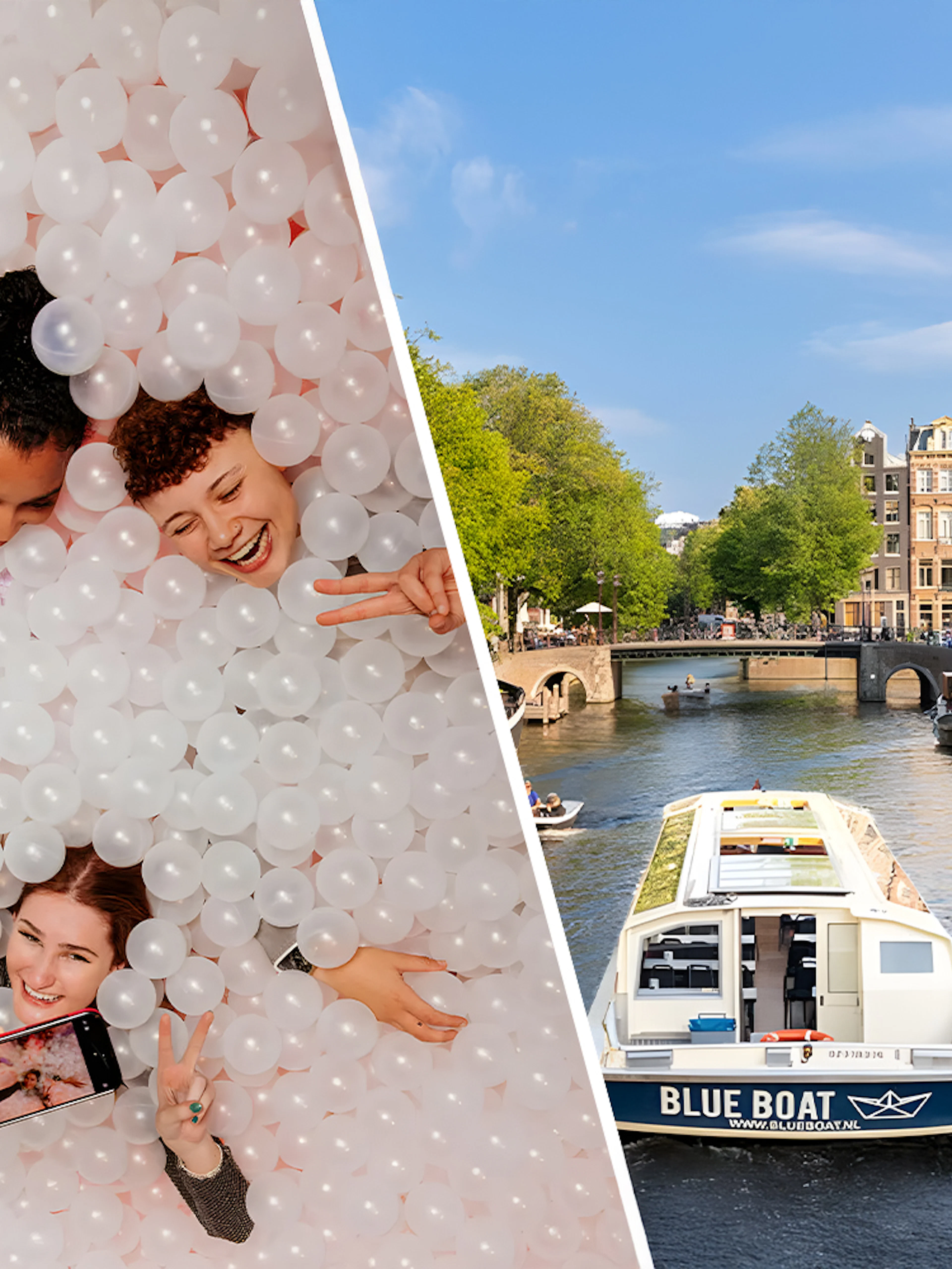 Visitors enjoying The Upside Down Amsterdam and a canal cruise boat on Amsterdam's waterways.
