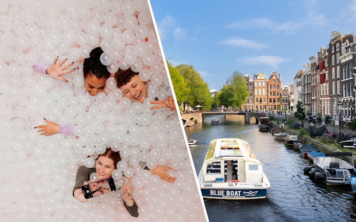 Visitors enjoying The Upside Down Amsterdam and a canal cruise boat on Amsterdam's waterways.