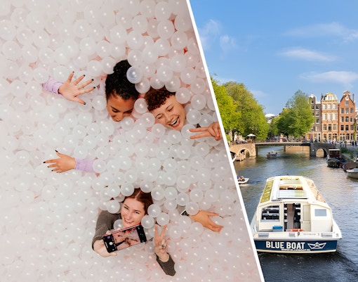 Visitors enjoying The Upside Down Amsterdam and a canal cruise boat on Amsterdam's waterways.