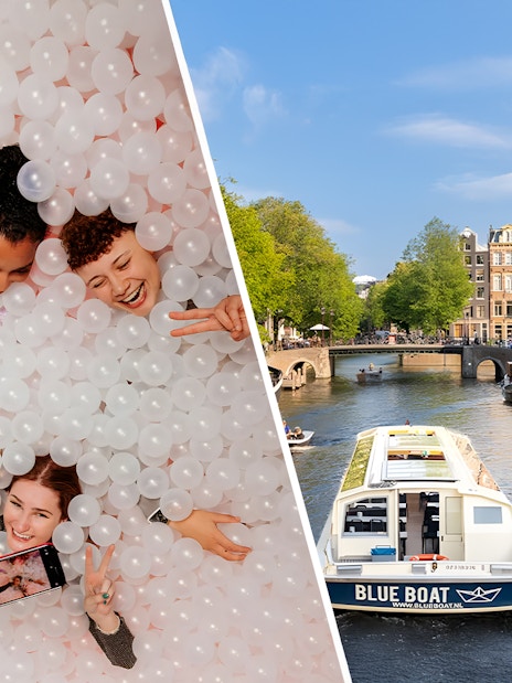 Visitors enjoying The Upside Down Amsterdam and a canal cruise boat on Amsterdam's waterways.