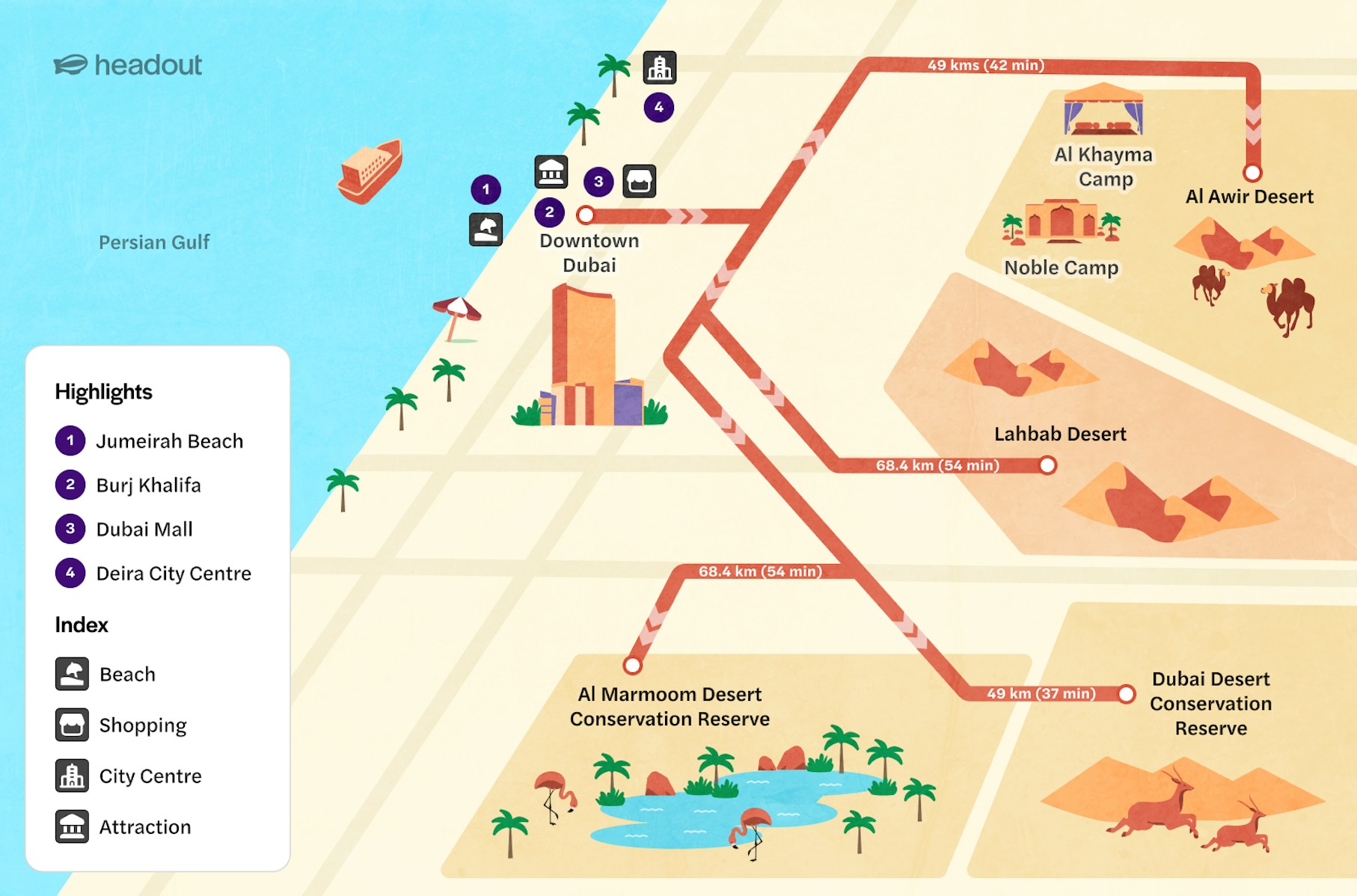 Dubai desert route map showing paths from Downtown Dubai to Al Awir, Lahbab, and Al Marmoom Desert.