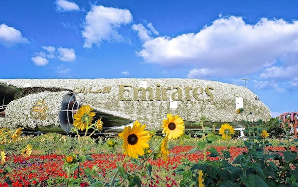 Emirates plane covered in flowers at Dubai Miracle Garden.