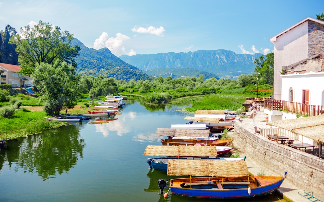 Boats docked along the shore of Lake Skadar National Park with mountains in the background.