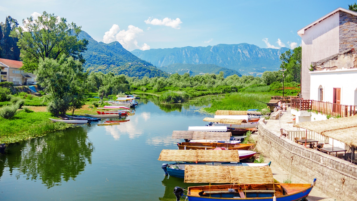 Boats docked along the shore of Lake Skadar National Park with mountains in the background.