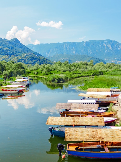 Boats docked along the shore of Lake Skadar National Park with mountains in the background.