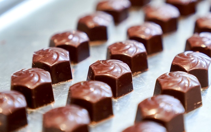 Chocolates on display at Choco-Story Brussels Museum.