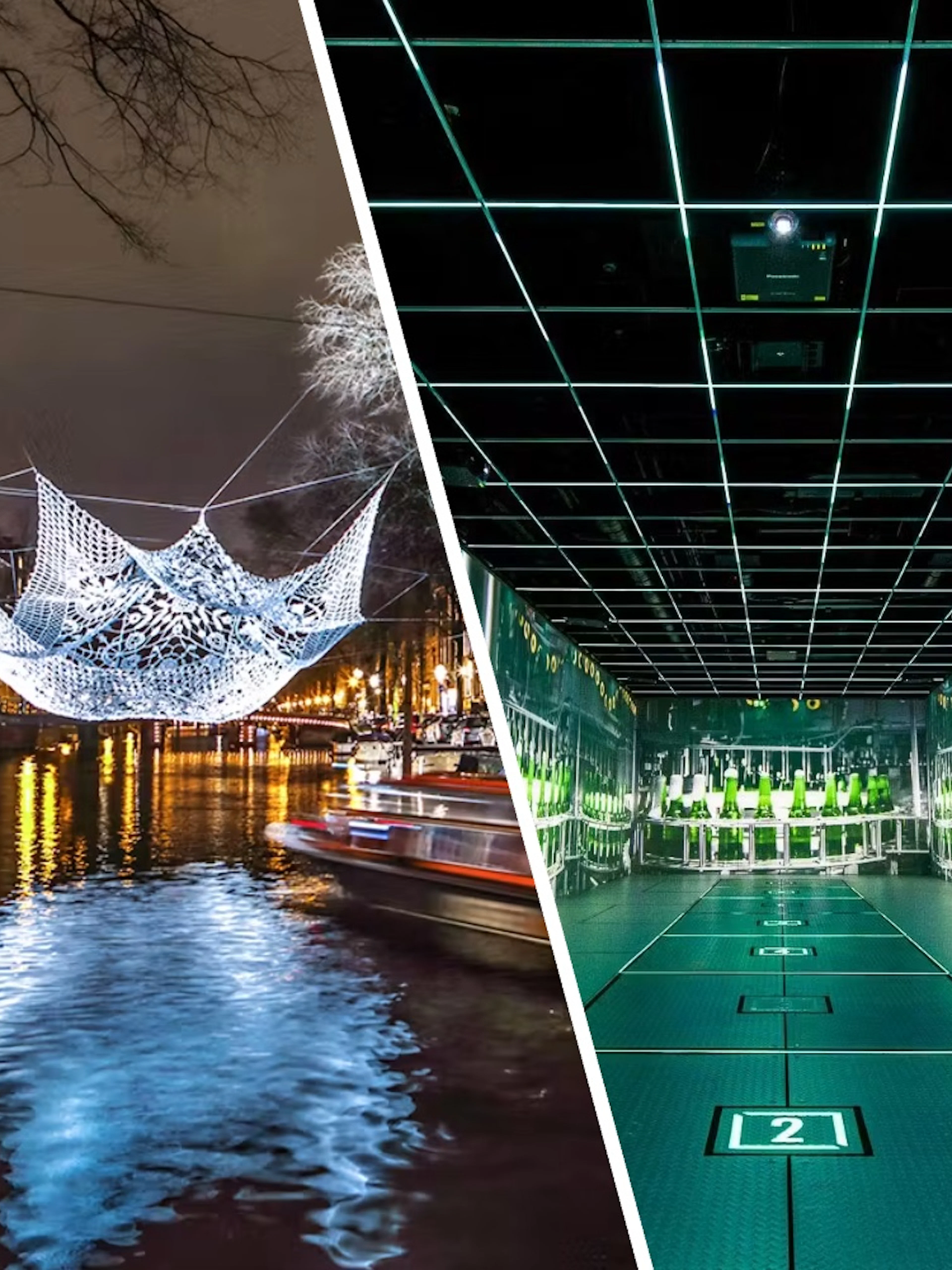 Amsterdam canal lit up during Light Festival and Heineken Experience interior.