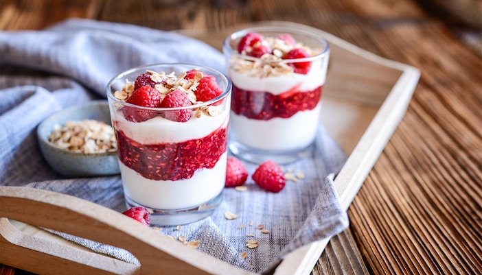 Traditional Scottish cranachan dessert with raspberries and cream in Edinburgh, Scotland.
