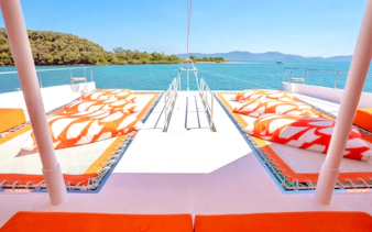 Luxury yacht deck with sun loungers, Pattaya 3-island cruise.