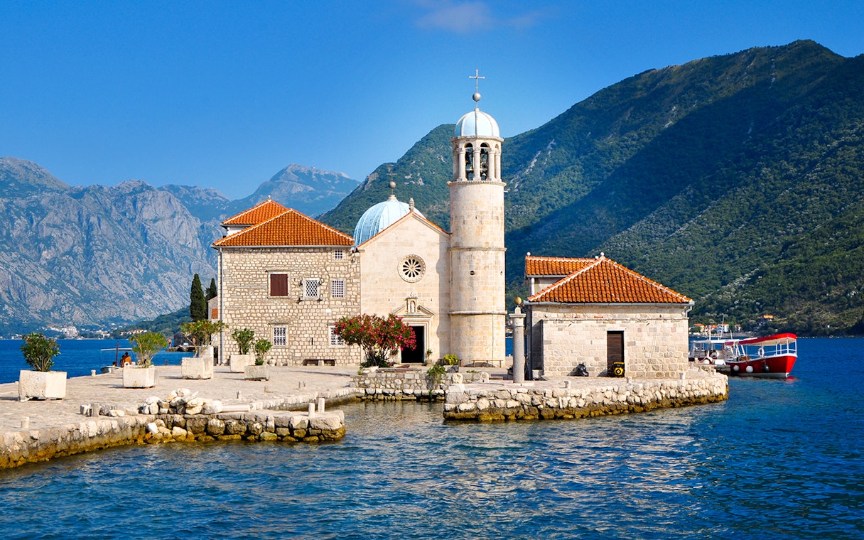 Our Lady of The Rocks church on an islet in the Bay of Kotor, Montenegro.