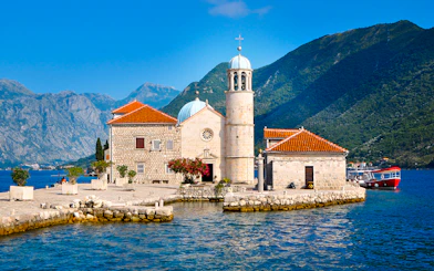Our Lady of The Rocks church on an islet in the Bay of Kotor, Montenegro.